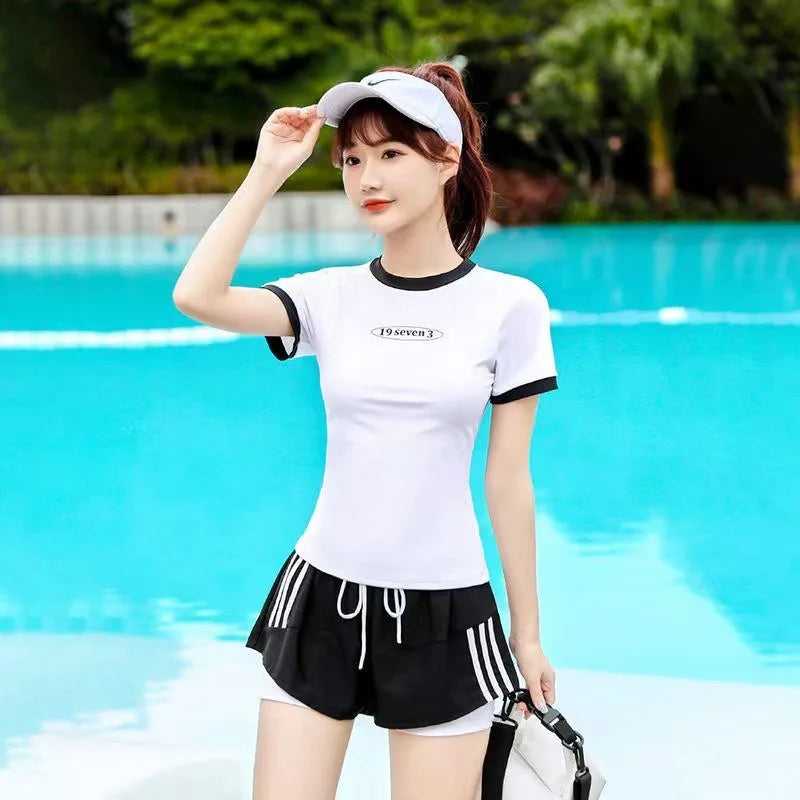 Women's Sports Two-piece Swimsuit Set with Short Sleeves and Drawstring Shorts Suitable for Beach Swimming Pool Training