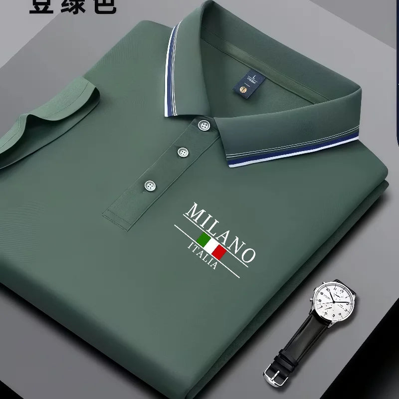 Summer men's trendy polo shirt with Italian Milan print, striped collar, summer breathable casual business top