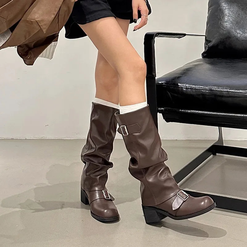 2025Woman Boots Knee High Platform Chunky Heels Trend Punk Gothic New Rock Leather Fashion Women's Shoes Motorcycle Footwear