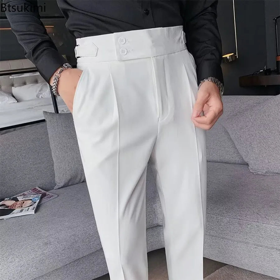 New 2026 Men's Solid Color Suit Trousers Classic Button Single Pleat Slims Pants for Men Silhouette Business Casual Pants Male