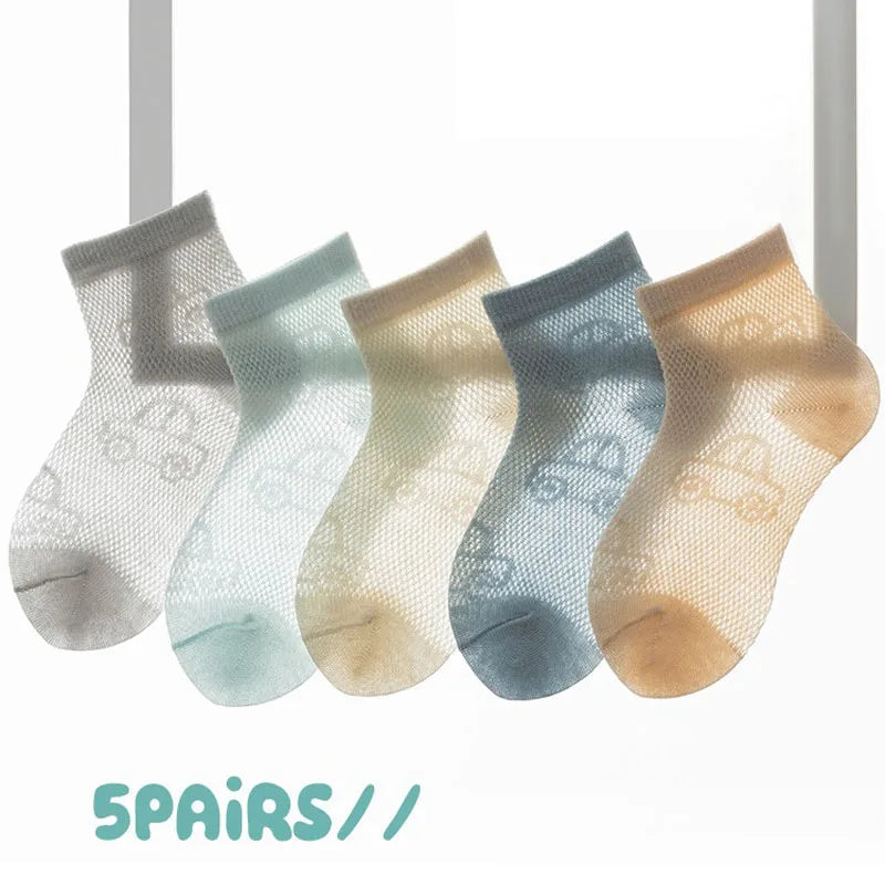 5 Pairs/Lot Kids Summer Socks Solid Color Thin Breathable Mesh Cotton Socks Cartoon Car Children Boys Casual Mid Tube Sock