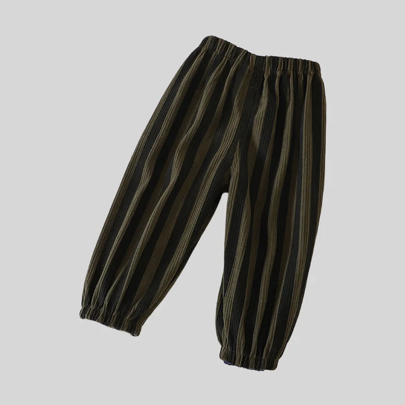 Vintage Checkered Striped 1-7Y Kids Pants Autumn Corduroy Textured Toddler Cropped Trousers