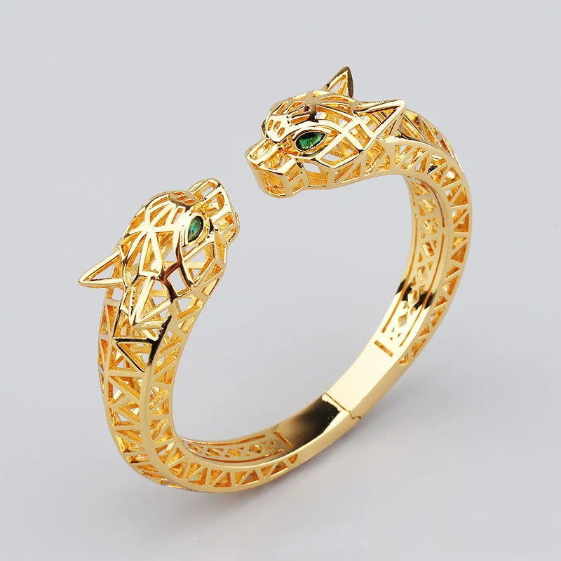Europe America Style Men Women Lady Plated Gold Color Inlay Cubic Zircon Hollow Out Green Eyes Double Leopard Open Ring Bracelet