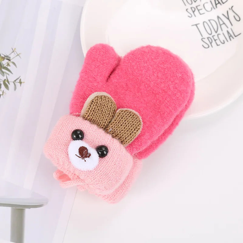 0-3 Year Old Children's Gloves Boys and Girls Cute Little Bear Cartoon Knitted Yarn Gloves Double-layer Thick Keep Warm Winter