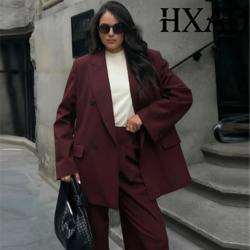HXAO Burgundy Jacket Blazers Women's Long Sleeve Suit Jacket Office Wear Double-Breasted Long Blazer Woman Chic Oversized Blazer