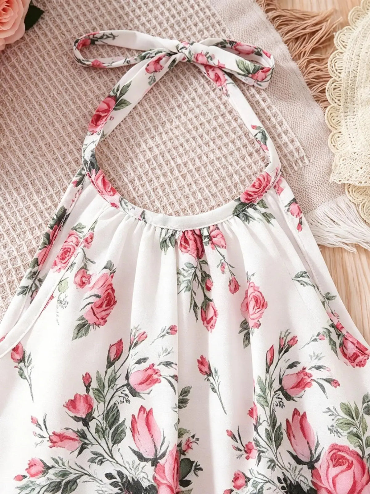 Elegant Fitted Dress for Kids,Perfect for Warm Weather, Little Girl Boho Floral Halter Dress, Tiered Ruffle Hem Summer Sundress