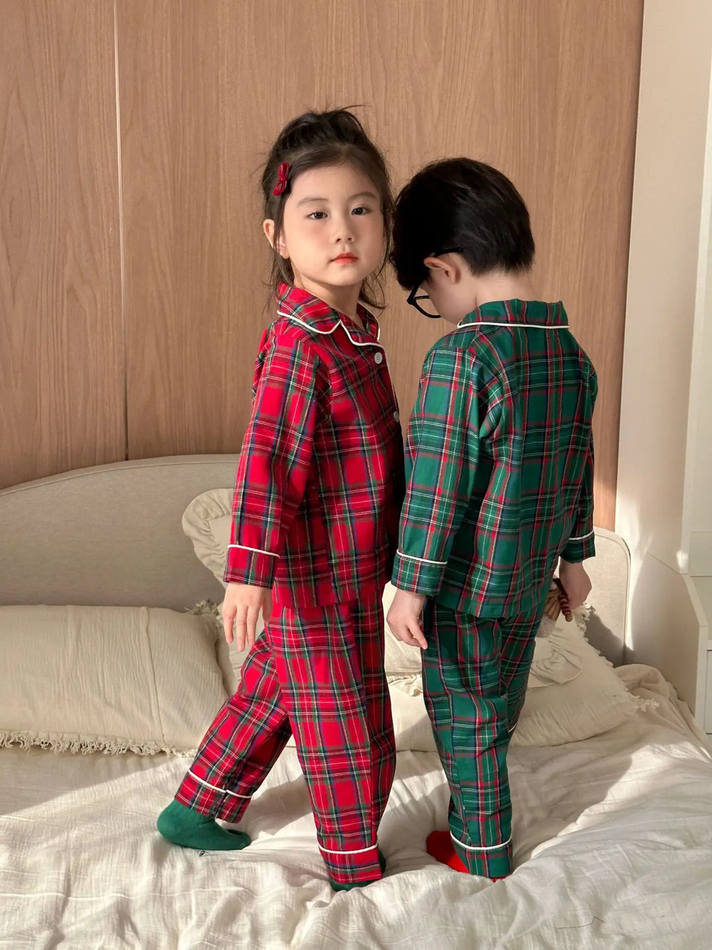 2026 New Christmas Children's Pajama Sets Plaid Print Clothing Set Button Full Sleeve 2 Pcs Suit Homewear Thin Pyjamas Xmas Look