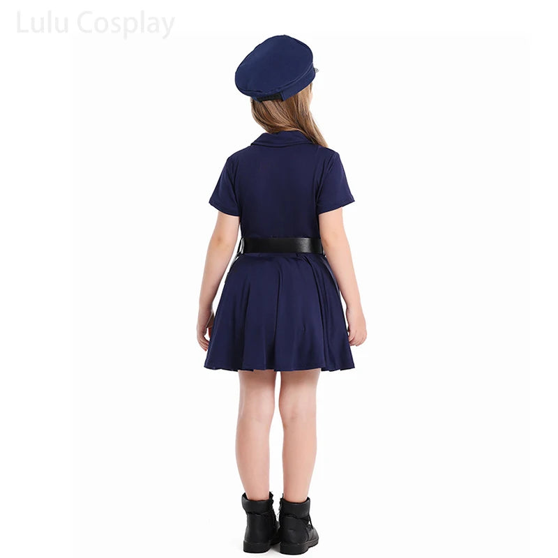 Kids Police Uniforms Dress Girl Dresses Halloween Cosplay Costumes Cap Belt 3Pcs Set Carnival Party Role-play Performance Dress