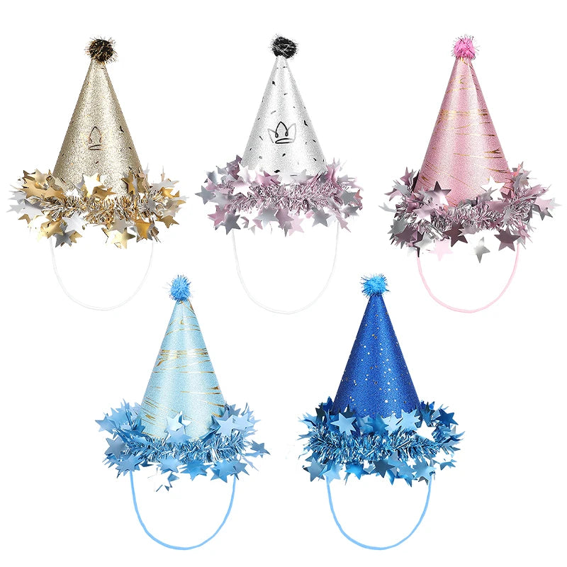 Kids Birthday Party Hat Paper Crown Caps for 1st Boy Girl Birthday Party Decoration Supplies Photo Props Gold Silver Pink