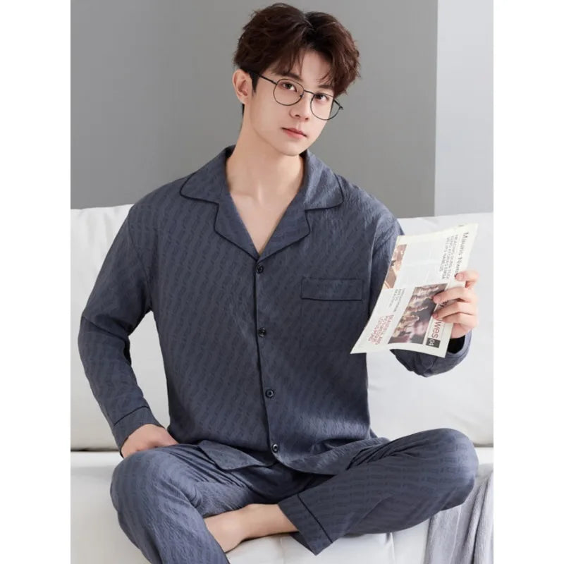 Men's Pajama Set for Spring & Autumn, Simple All-Match Long Sleeve & Long Pants Loungewear, Fashion Handsome Daily Homewear