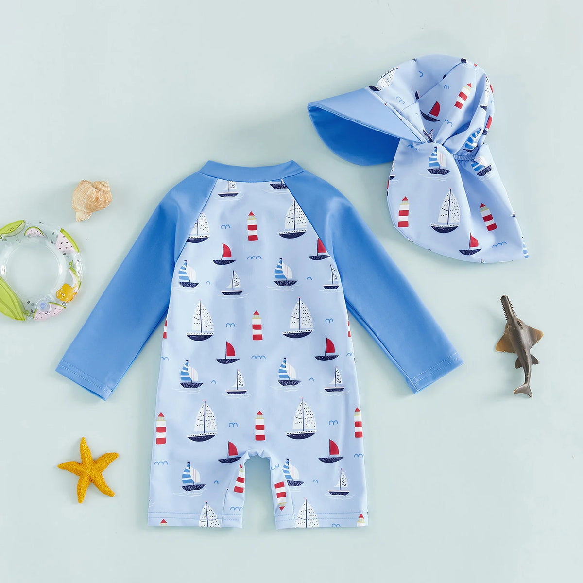 0-5Years Toddler Kids Boys Swimsuit Set Sailboat/Shark Print Crew Neck Long Sleeve Upper Zipper Rash Guard Swimwear and Sun Hat