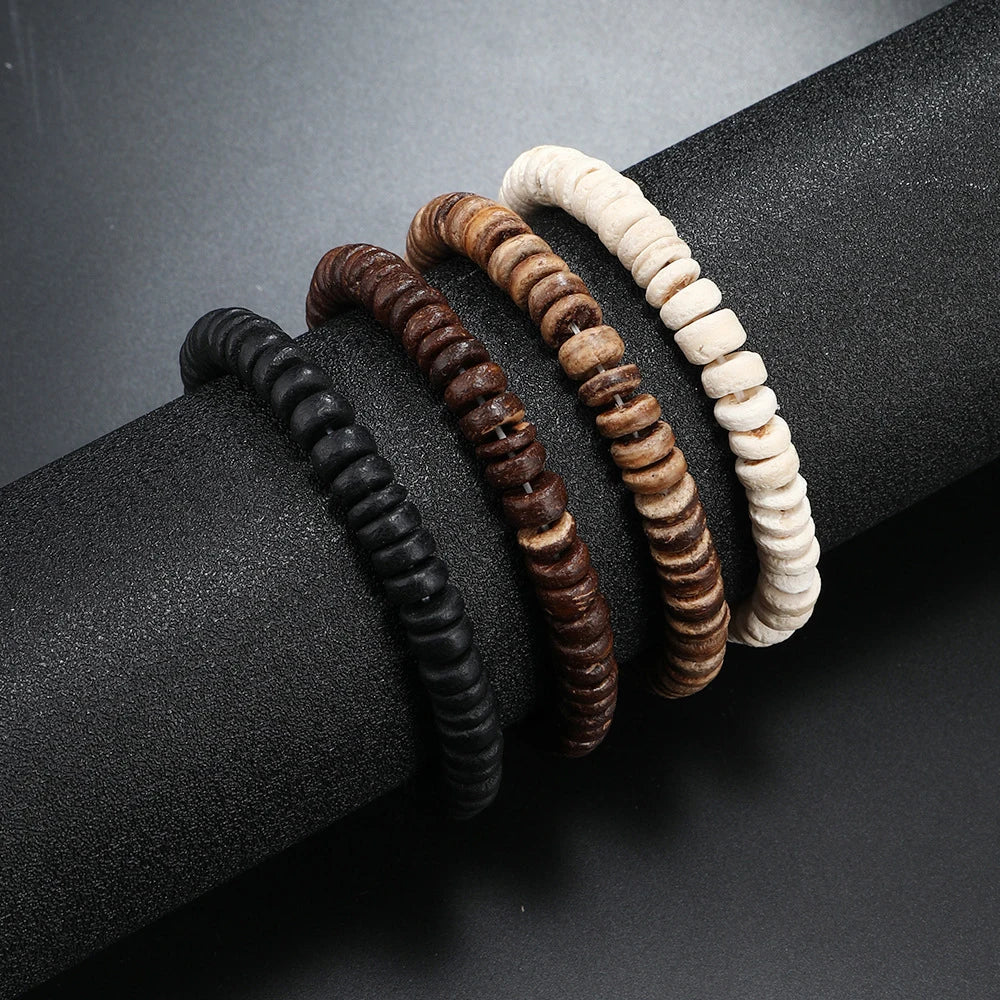Wooden Bracelets For Men Beaded Multilayer Wooden Bead Jewelry Irregular Coconut Shell Handmade Elastic Bracelet Jewelry