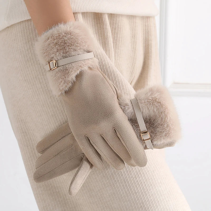 Women's winter gloves with plush lining, warm, windproof, cold-resistant, with plush decoration, touch-screen compatible, suitable for driving and cycling, 1 pair