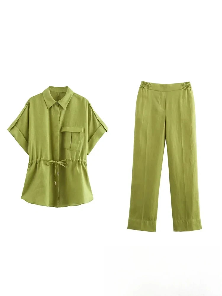 KONDALA Vintage Casual Solid Women Suit Single Breasted Short Sleeve Shirt Loose Long Pants Chic Fashion 2025 Summer Basics Sets