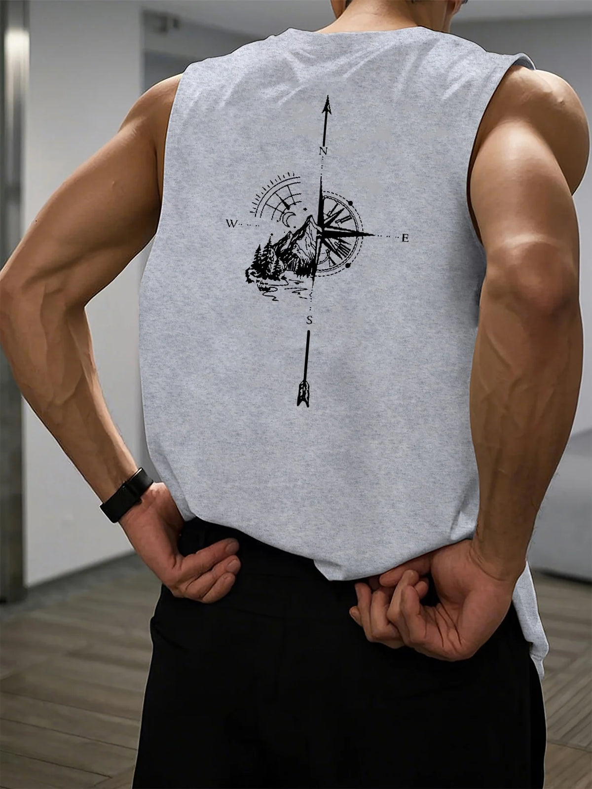 Men's summer casual sports fitness loose mountain and compass print comfortable breathable round neck sleeveless vest