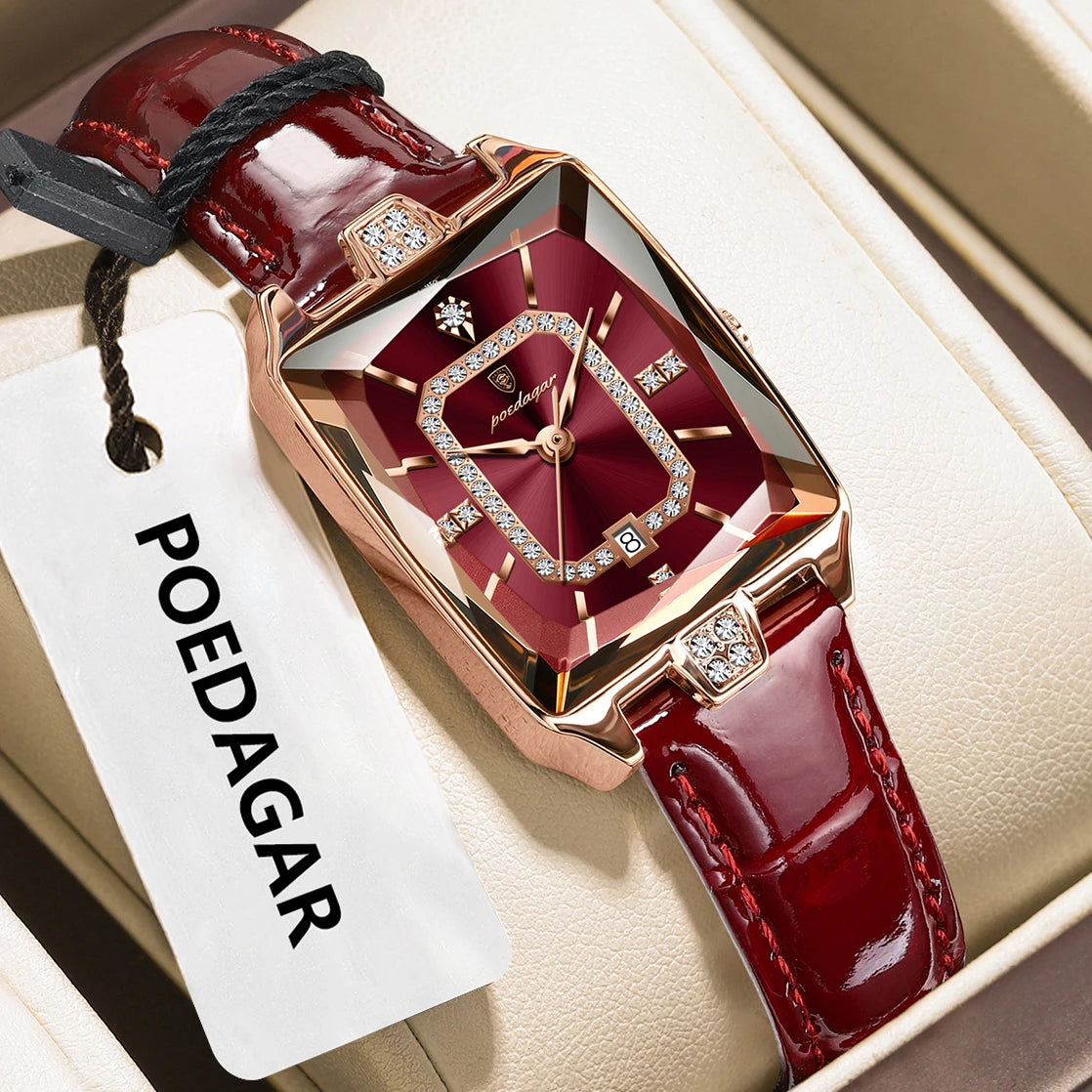 POEDAGAR Top High Quality Women Wristwatch Waterproof Date Leather Watch For Woman Quartz Luxury Rectangle Women's Watches Reloj
