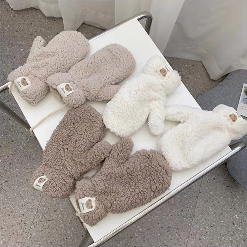 Women's Gloves Korean Kawaii Cute Sweet Preppy Style Funny Verstaile Thicked Funny Plush Warm Windproof Mittens For Girl Gift