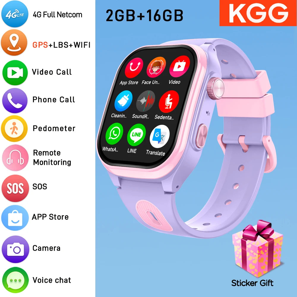 Kids 4G Smartwatch with 2.0 Inch HD Screen, 2+16GB Memory, GPS WiFi Locator, Video Call Camera, Waterproof Child Monitor Watch