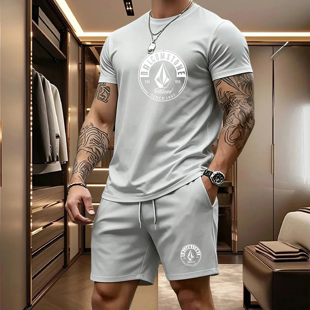 Men's Casual Sportswear 2-piece Set Classic Short Sleeved T-shirt+drawstring Pocket Shorts Street Skateboarding Outdoor Outfit