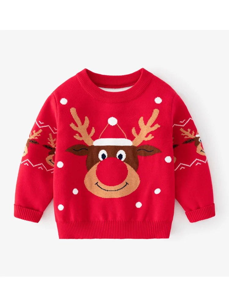 Winter Thickened Children's Sweater Boys And Girls Double Deer Jacquard Kid Sweater Knitted Red Christmas Decoration Clothing
