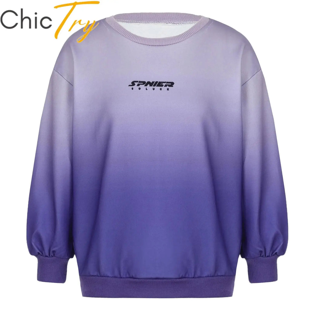 Kids Boys Girls Gradient Sweatshirt Letter Print Round Neck Long Sleeve Pullover Elastic Cuffs Top for Everyday Wear Playwear