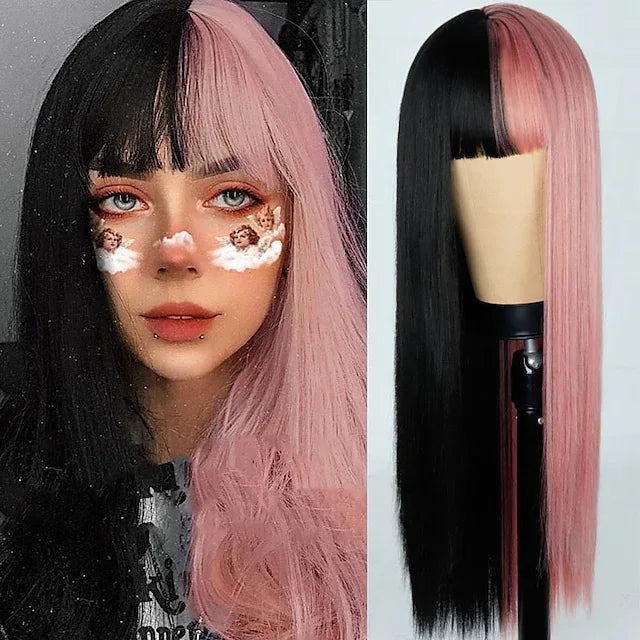 Wigs for Women Yellow and Black Wig Long Straight hair Cosplay Wig Halloween wig Two Tone Ombre Color Women Synthetic Hair Wigs