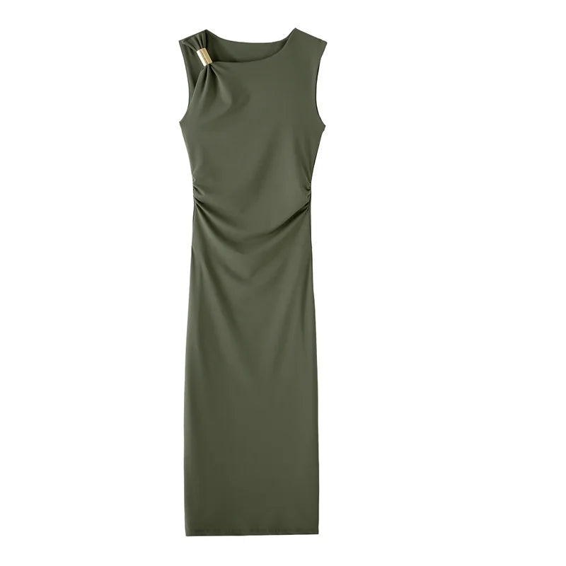 HXAO Green Women's Dress Sleeveless Black Midi Dress Ruched Party Long Dresses 2025 Woman Bodycon Summer Holiday Dresses 088