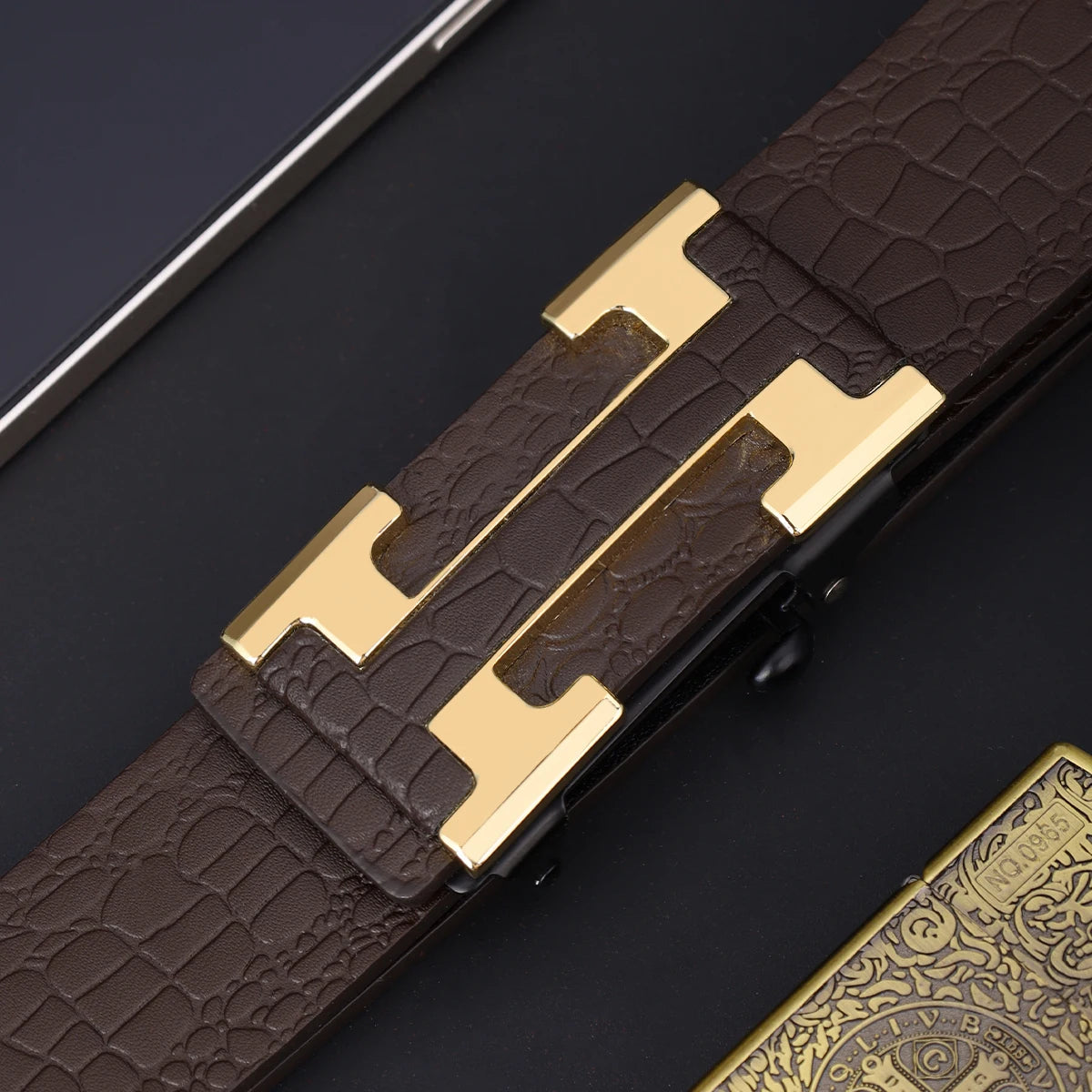Men's Fashionable Work Business Belt with Metal Automatic Buckle Durable Everyday Use Design Perfect Gift Choice