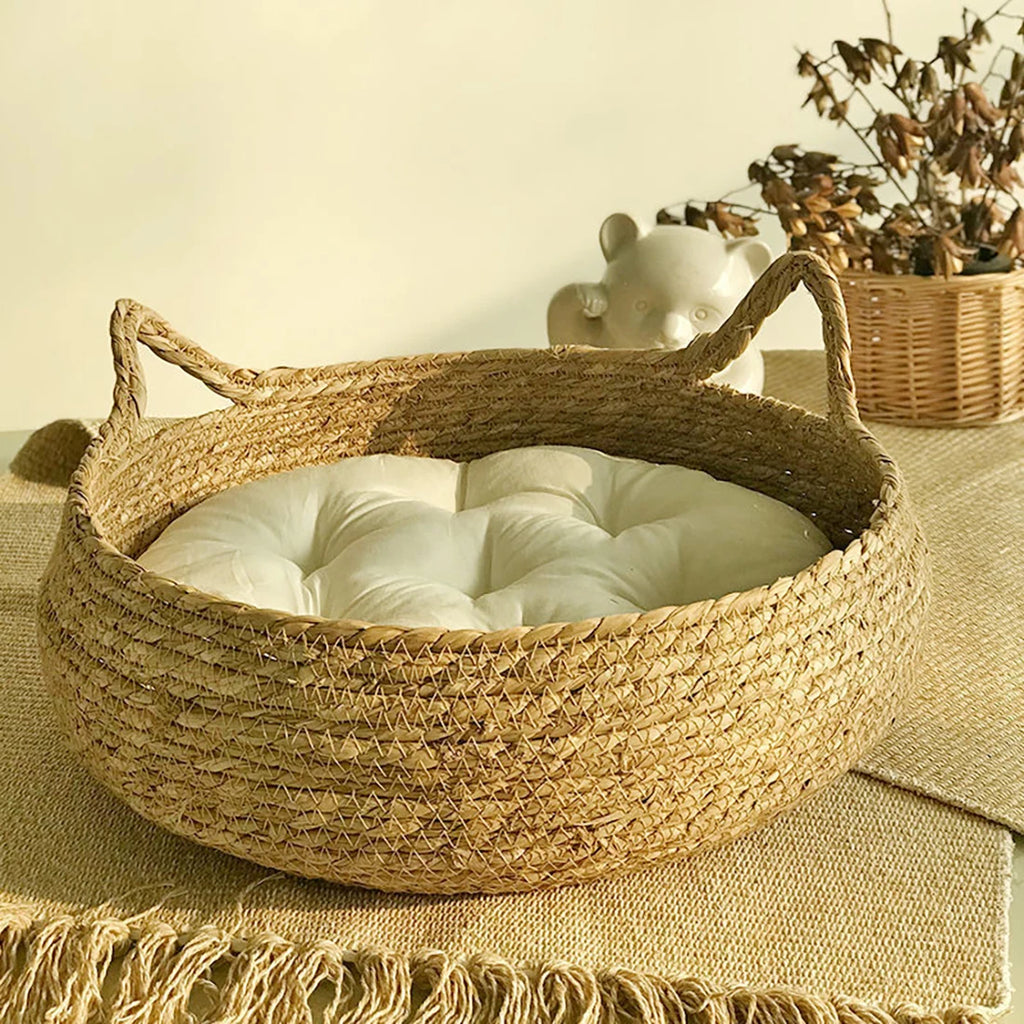Cat Bed House Dog Kennel Rattan Straw Plaited Kitten Cushion Basket Tent Scratching Board Puppy Cave Nest Mat Indoor Pet Supply