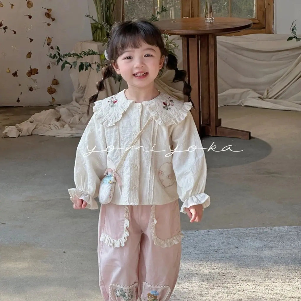 Pants Children Girl 2025 Spring New Style Cotton Pink Lace Ruched Embroidered Joggers Sweet Fashion Casual Distinctive