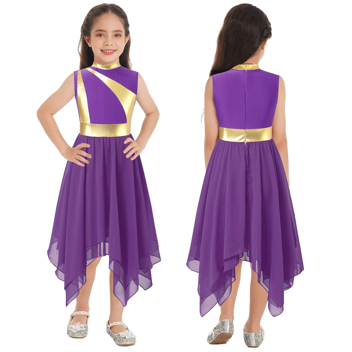 Kids Girls Modern Lyrical Dance Dress Liturgical Worship Praise Church Choir Robe Shiny Sequins Bodice Sheer Mesh Tunic Dresses