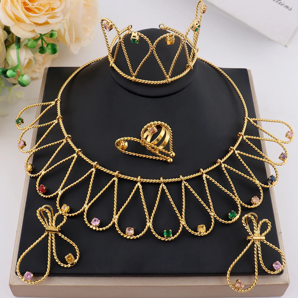 Fashion High Quality Gold Plated Women Jewelry Set Simple Lines Earrings Ring Colored Zircon Necklace Bangle For Wedding Party
