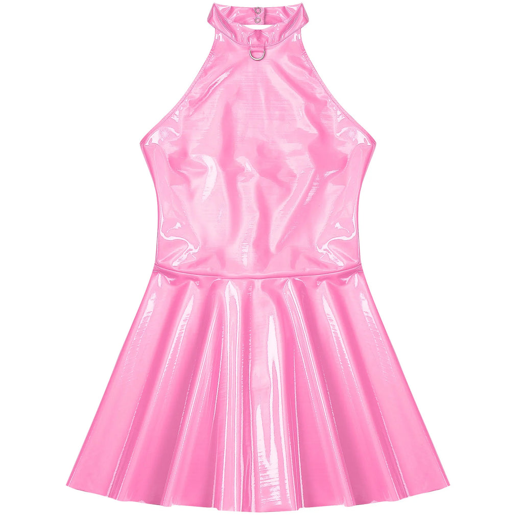 Women Wetlook Patent Leather Dress Sleeveless Sexy Halter Minidress Nightclub Party Pole Dancing Performance Dancewear Clubwear
