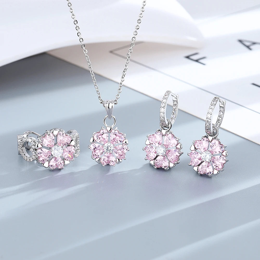 Fashion Wedding Ring for Women Pink Zircon Crystal Flower Pendant Bracelets Earrings Necklace Rings Fine Jewelry Sets FCGJHW