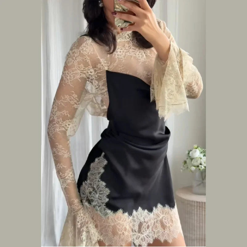 Elegant Fashionable Short Dress Lace Stitching Trendy Stylish Party Dresses Modest Dignified Sweet France Romantic Women Outfit