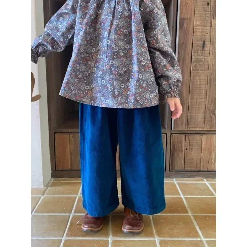 Children Clothing Kids Casual Pants Spring Autumn 2026 New Korean Style Solid Color Loose Simple Wide Leg Girls Corduroy Pants