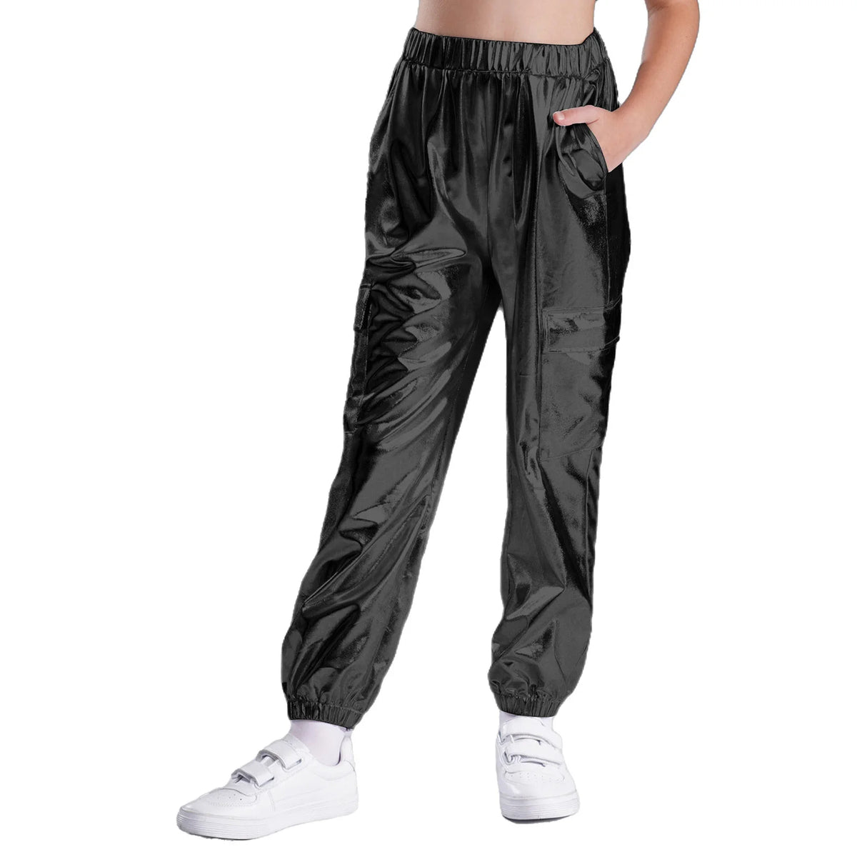 Kids Boys Girls Metallic Shiny Cargo Pants Fashion Children Holographic Trousers Teens Hip-Hop Pants Street Jazz Dance Costume
