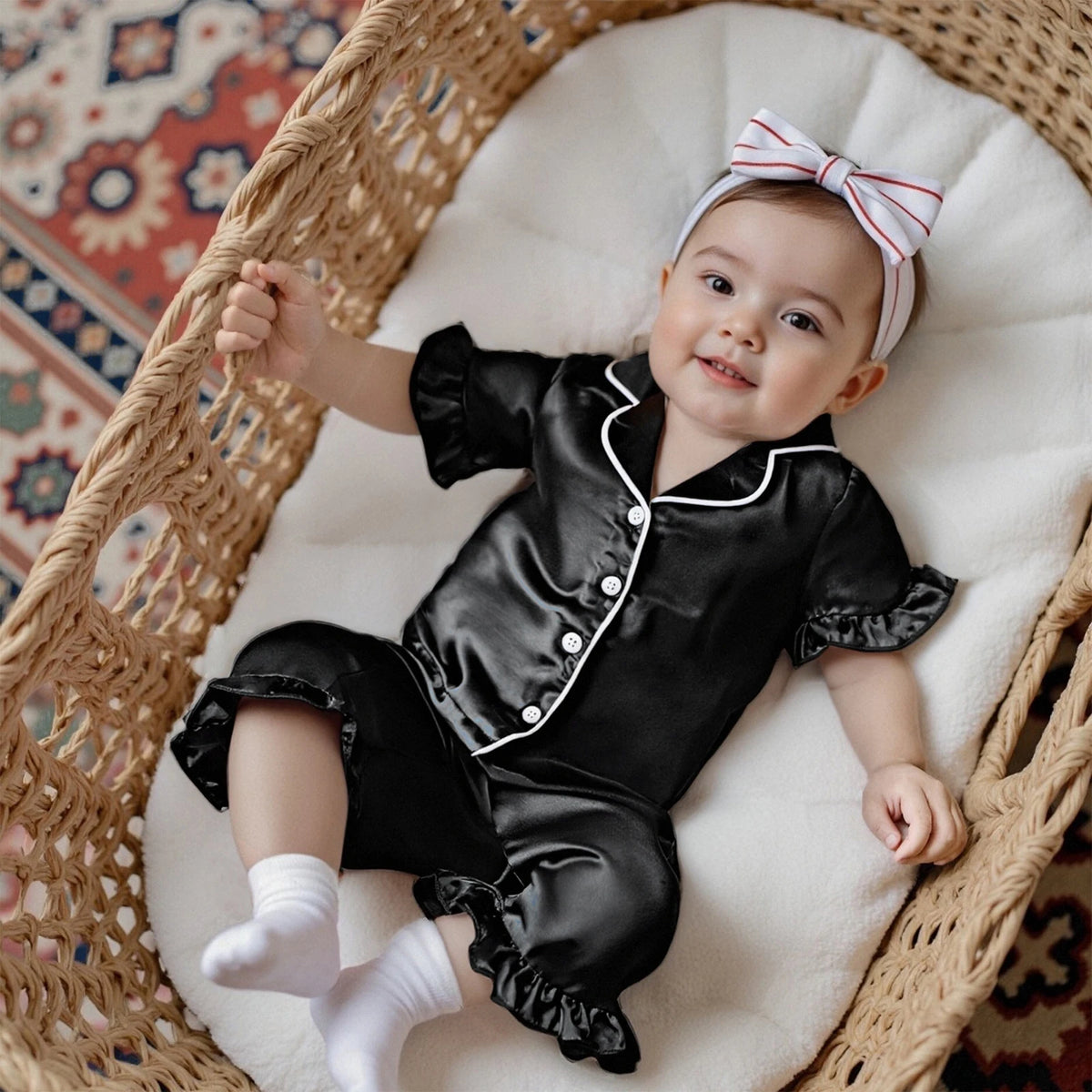 Toddler Girls Pajamas Sets Fashionable Ruffled Lapel V Neck Short Sleeve Tops with Solid Color Shorts 2Pcs Sleepwear