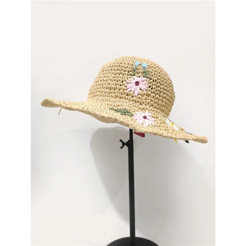 Colorful Flower Straw Hats for Women Boho Embroidered Flower Weave Hat Foldable Korean Hollow Out UV Protection Sun Cap Outdoor
