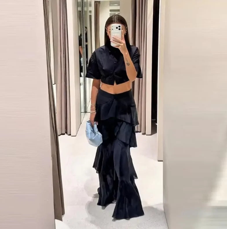 Women Black Tiered Ruffle Pants High Waist Wide Leg Long Trousers 2026 Summer Lady fashion Casual Vacation Streetwear New