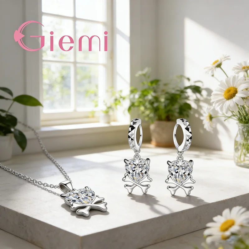 Women Cute cartoon shape Jewelry Sets 925 Sterling Silver Fashion Pendant Necklace Earrings Crystal Wedding Accessories