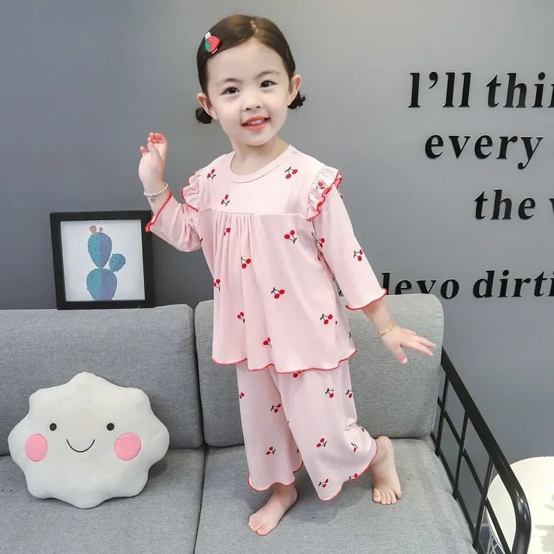 Summer Children's Pajama Sets for 1-9 Years Baby Girls Clothes Suit Cute Floral Ice Silk Kids Clothes Top+Pants Pajamas for Kids