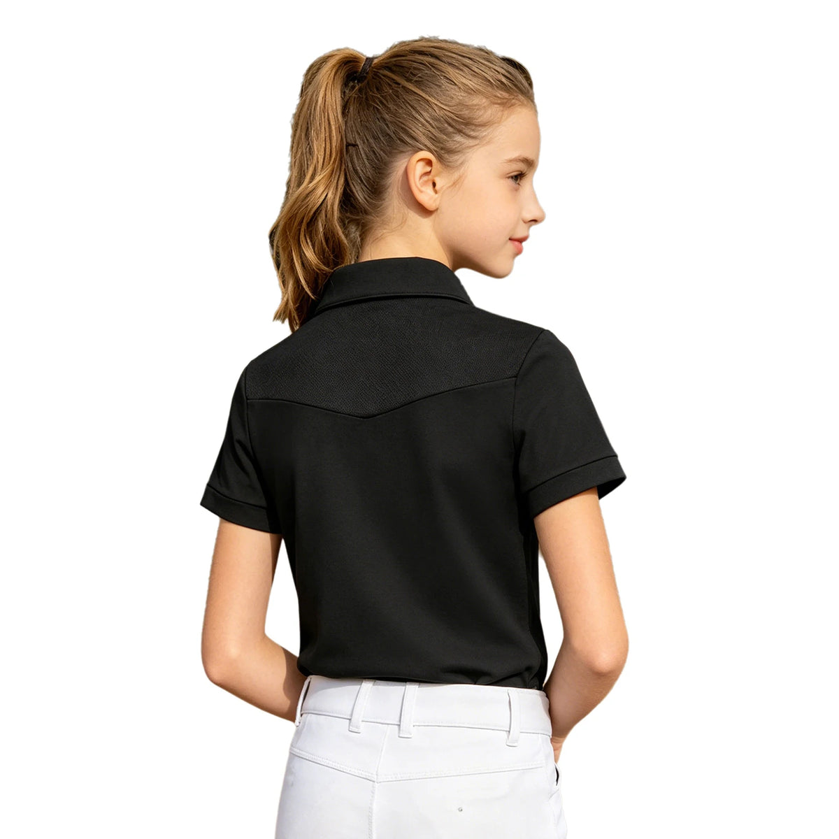 Kids Girls Horse Riding Shirts Short Sleeve Turn Down Collar Buttons T-shirt Closure Design Equestrian Costumes Sports Tops