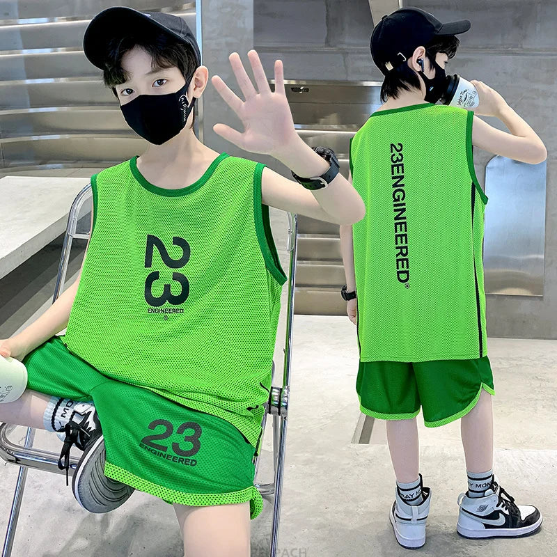 Kids Boys Summer Sports Jerseys Children Vest And Shorts Tracksuit 2Pcs Clothing Set Kids Basketball Clothes Set Sporty Uniform