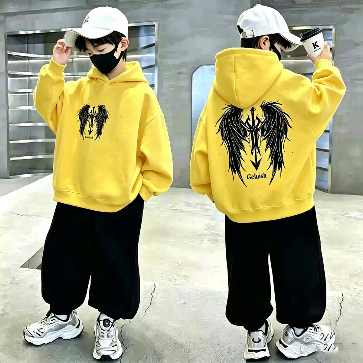 Boys Hoodie Streetwear Angel Wings Trident Print Kids Loose Hooded Sweatshirt Casual Teen Pullover