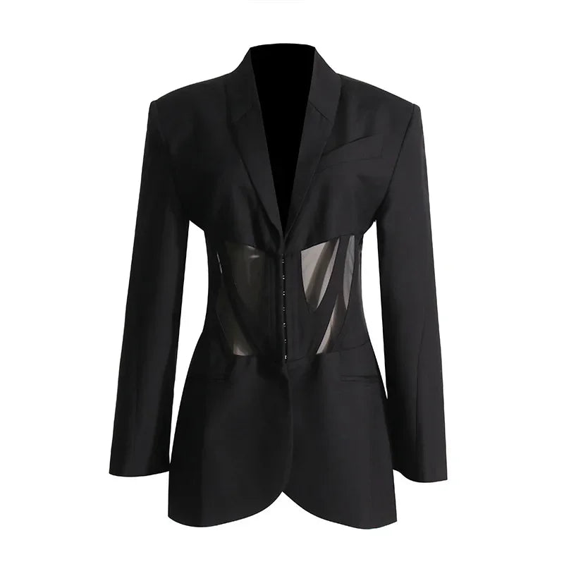 Women's Casual Fishbone Blazers, Long Sleeve, Loose Coats, Autumn Slim-Fit, See-through Outerwear, Korean Style