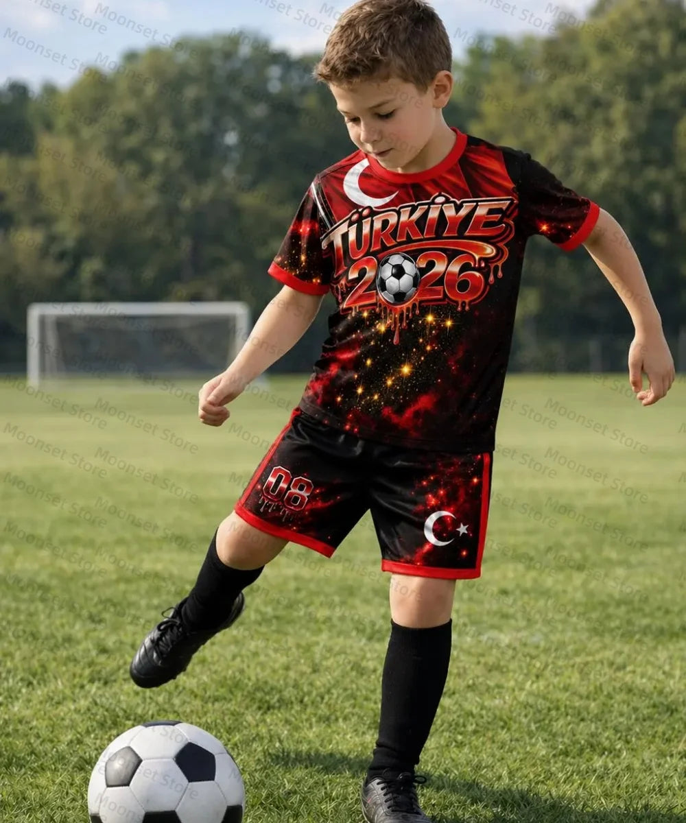Kids Turkey Soccer Shirt Jersey Set 2026 Boys Football Outfit Türkiye Soccer Short Kit Turkey Flag Sportswear Kids Soccer Set