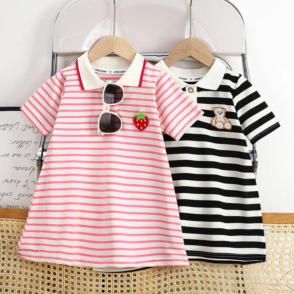 2025 New Children's Dress Girls' Summer Korean Edition Striped Strawberry Lapel Casual Dress 1-10 Years Old