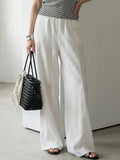 Cotton Summer Pants For Women Wide Leg Blue Trousers With Elastic Band Straight Leg Bottoms White Women's Pants Summer Loose
