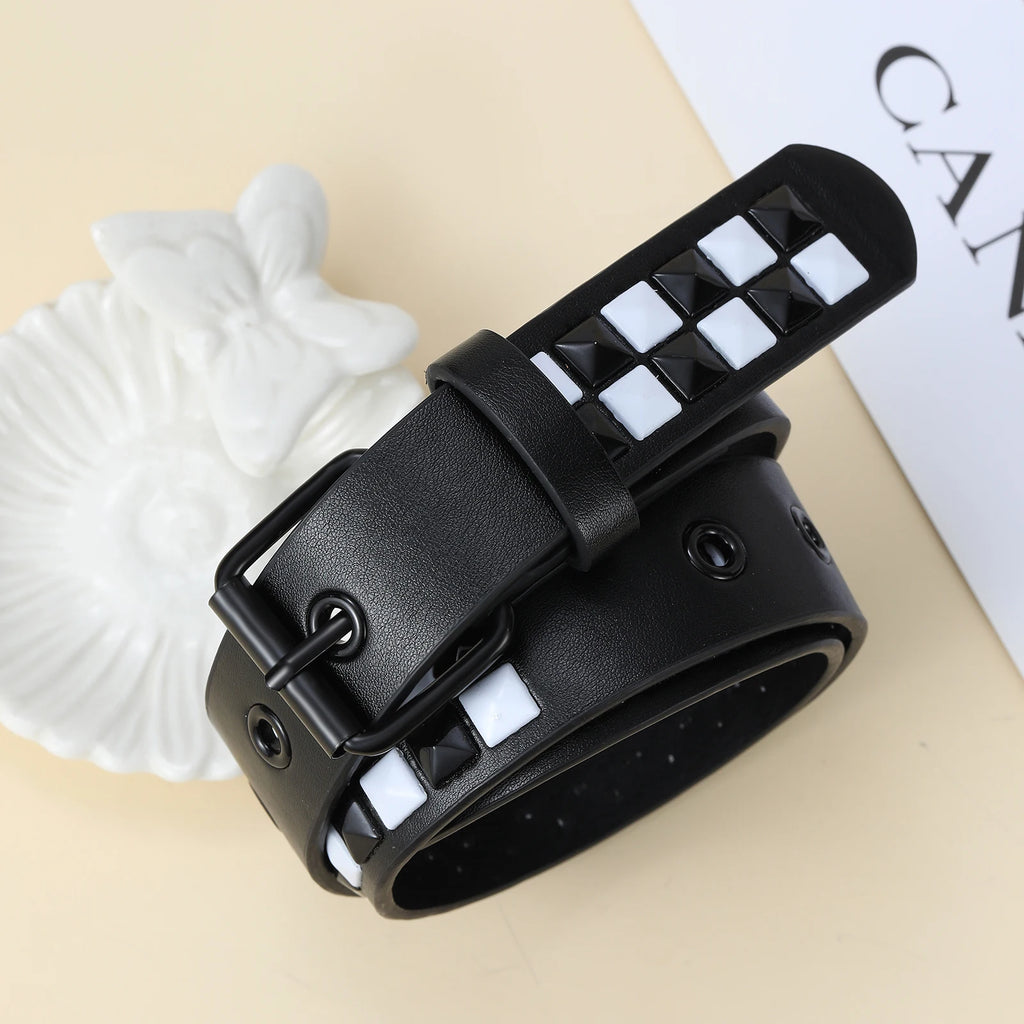 Kids Unisex Pu Leather Belt, Black & White Square Rivet Studded Waist Strap for Boys Girls Jeans